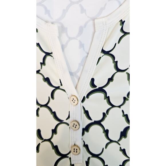 J McLaughlin Dress Sheath Ivory Black/ Green Geometric Lattice Stretch Size M - Picture 6 of 16